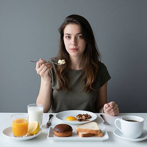 Photograph of a young woman with long brown hair, wearing a gray t-shirt, eating breakfast with toast, orange juice, and coffee.