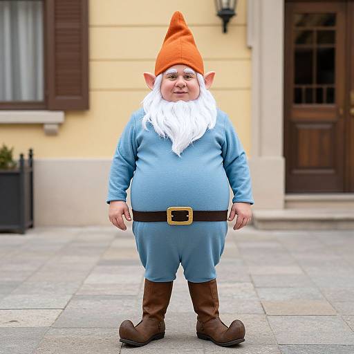 Photograph of a chubby, smiling leprechaun with orange hat, white beard, blue outfit, brown boots, standing on a paved sidewalk.