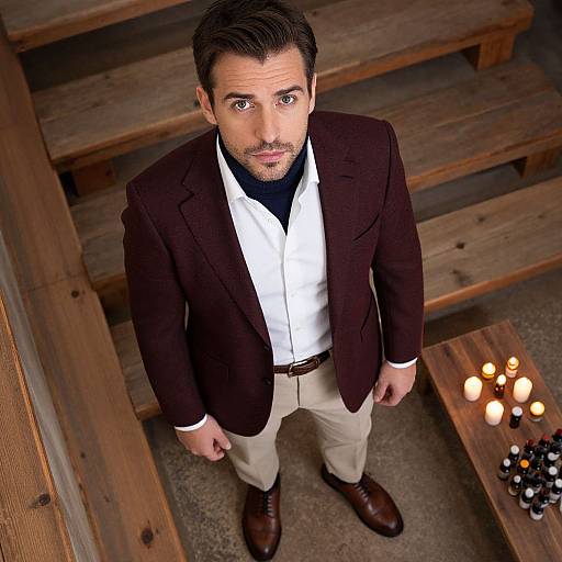 Photograph of a handsome man with short dark hair, brown jacket, white shirt, beige pants, standing on wooden stairs, looking up. Candles