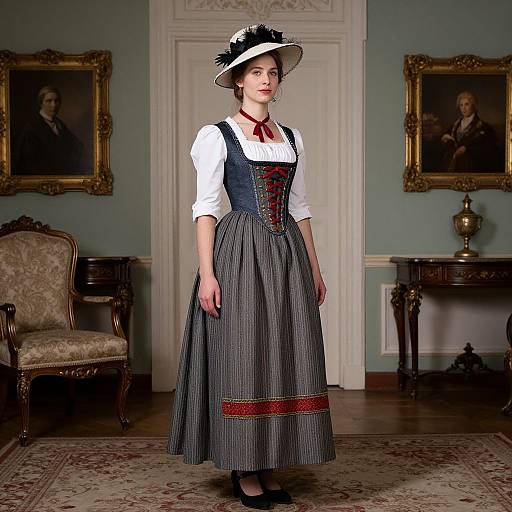 Photograph of a fair-skinned woman in a Victorian-era dress with blue pinstripe skirt, white blouse, corset, and black hat,