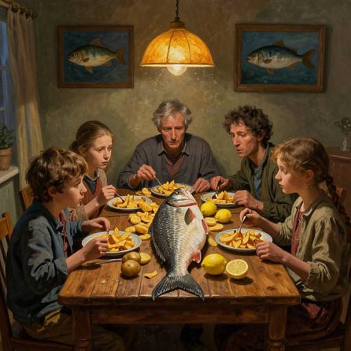 Photograph of a family of five sitting around a wooden table with fish centerpiece, eating lemony food, under a warm lamp, surrounded by fish paintings