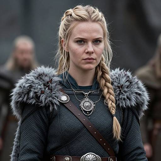 Photograph of a blonde woman with braided hair, wearing a fur-trimmed black leather tunic, silver necklace, and belt, standing in