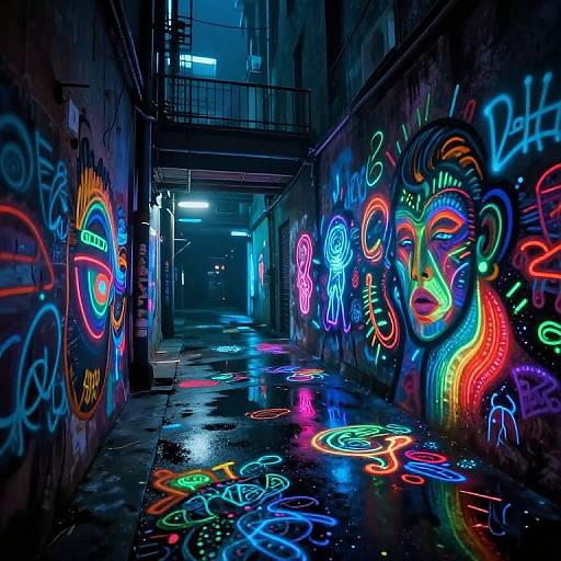 Neon-lit urban alleyway at night, vibrant graffiti on walls and ground, colorful street art, wet pavement reflecting lights, industrial setting.