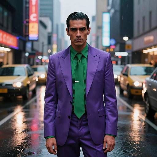Photograph of a serious, dark-haired man in a vibrant purple suit and green shirt standing in a rainy, neon-lit city street with yellow taxis