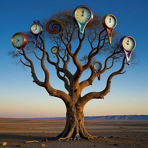 Photograph of a leafless tree with seven clock faces, each displaying different times, set in a desert landscape under a clear blue sky.