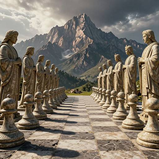 Photograph of a row of stone statues with detailed robes, standing on a checkered stone path, leading to majestic mountains under a dramatic cloudy sky.