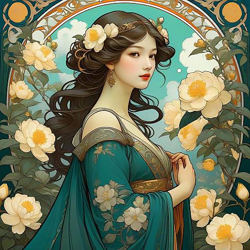 Art Nouveau Woman with Camellias