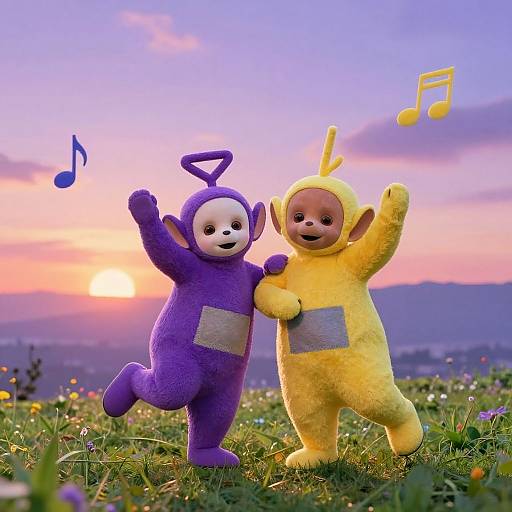 Photograph of two children in colorful, fuzzy animal costumes, dancing in a grassy meadow at sunset, with musical notes floating above.
