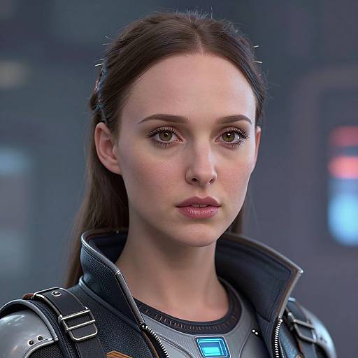 Photograph of a young woman with fair skin, brown hair, and brown eyes, wearing a futuristic black leather and metallic outfit, with a blue glowing