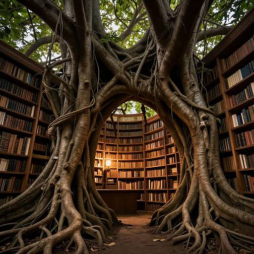 Photograph of a library with large, intricate tree roots forming an archway, surrounded by wooden bookshelves filled with books. Warm light from the
