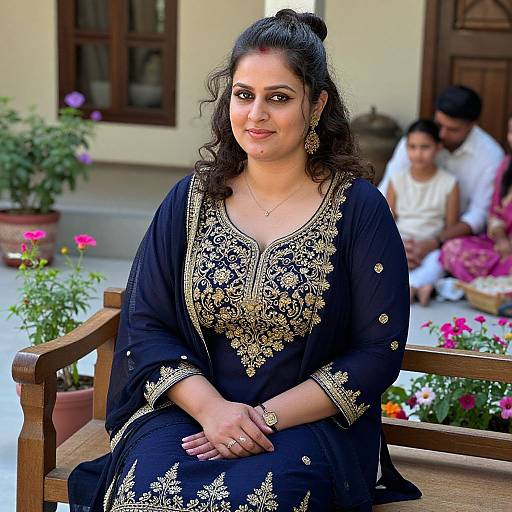 Photograph of a South Asian woman with dark hair in an elegant black salwar kameez with gold embroidery, sitting on a wooden bench, smiling