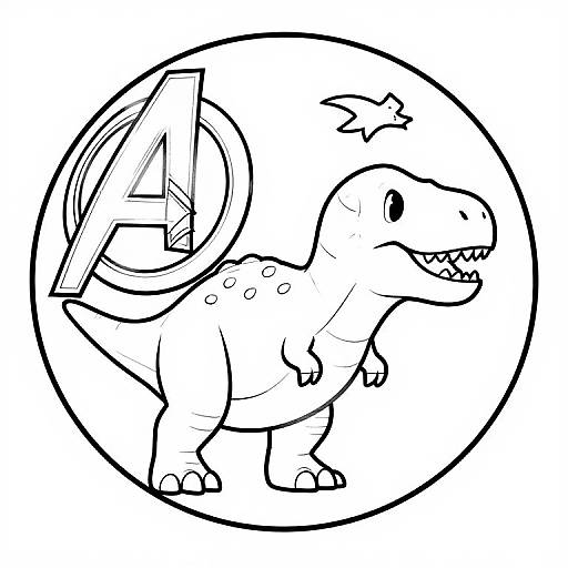 Black-and-white line drawing of a cute, cartoon-style dinosaur with a geometric tail, inside a circular frame. The dinosaur has small spots, sharp teeth