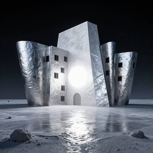 Photorealistic CGI of a futuristic, silver-foil-wrapped building with glowing white lights, standing on a snowy, rocky landscape under a dark night