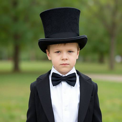 Photograph of a young boy with fair skin, wearing a black top hat, black tuxedo, and bow tie, standing in a green,