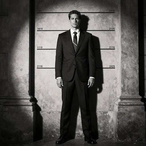 Black-and-white photograph of a serious man in a dark suit, white shirt, and tie, standing against a height measurement wall. High contrast, dramatic