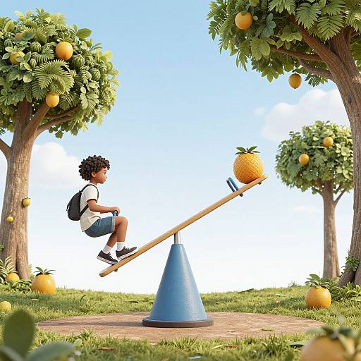 Photograph of a young Black boy with curly hair, wearing a white shirt, blue shorts, and backpack, balancing on a seesaw with an orange