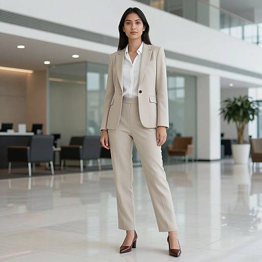 Photograph of a confident woman with long black hair, wearing a beige suit, white shirt, and black heels, standing in a modern, brightly lit