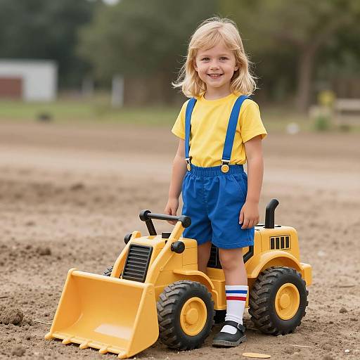 Smiling Girl with Toy Bulldozer Outdoors
