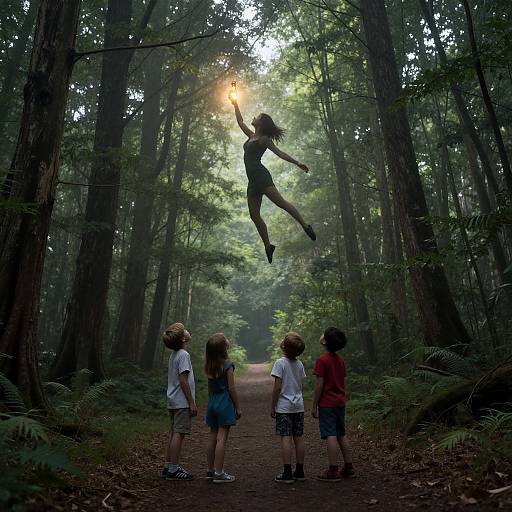 Photograph: Silhouetted child with torch leaps high in sunlit forest, watched by four children standing on forest path. Tall trees, green