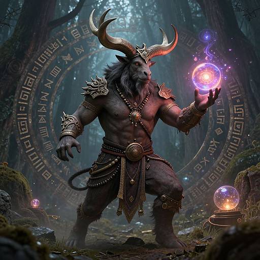 Digital fantasy artwork of a muscular, horned, dark-furred minotaur casting a glowing purple orb in a mystical forest. Decorated with armor