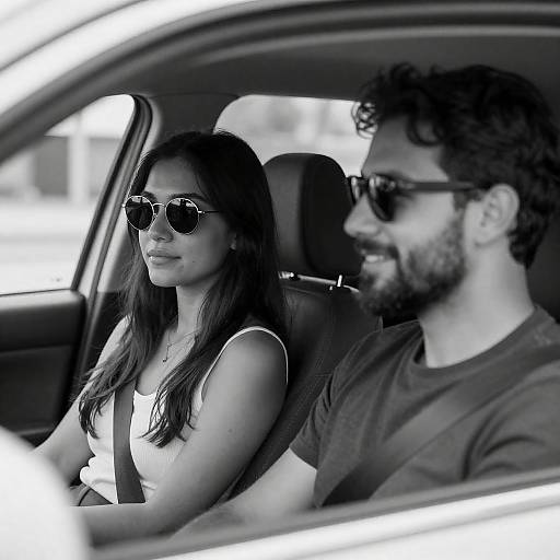 Black-and-White Sunlit Couple in Car