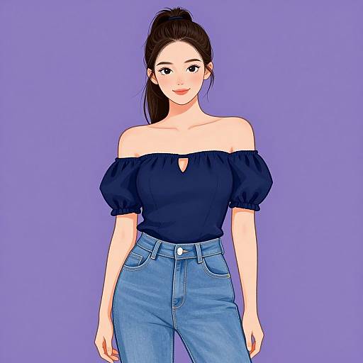 Digital drawing of an Asian woman with fair skin, black off-shoulder top, high-waisted blue jeans, and long black hair in a