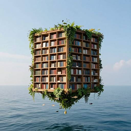 Floating book-filled wooden cube covered in greenery, surrounded by calm ocean water under a clear blue sky. Digital artwork.