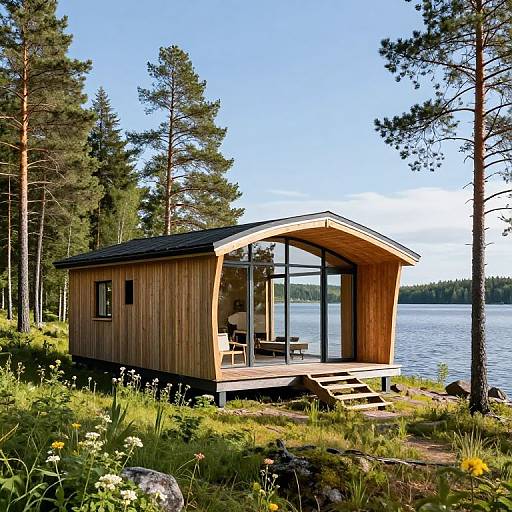 Photograph of a modern wooden cabin with a curved roof, elevated on stilts, overlooking a lake surrounded by tall pine trees.