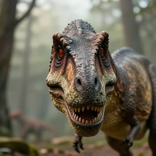 Wooden Allosaurus Head in Prehistoric Atmosphere