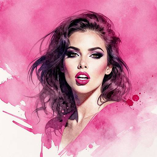 Digital watercolor portrait of a striking woman with wavy dark hair, bold red lips, intense eyes, and pink splashed background.
