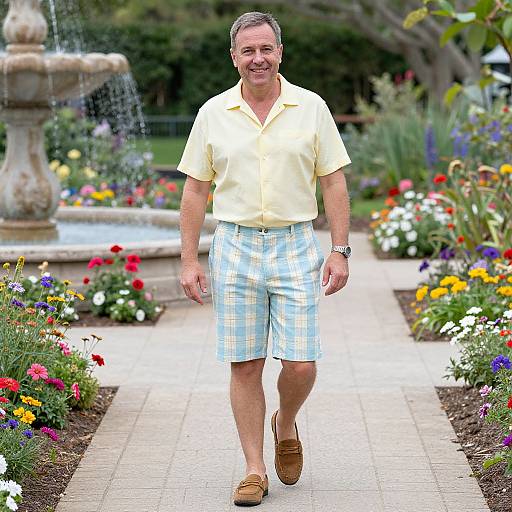 Photograph of middle-aged man with short gray hair, smiling, wearing yellow shirt, plaid shorts, brown loafers, walking through colorful garden with
