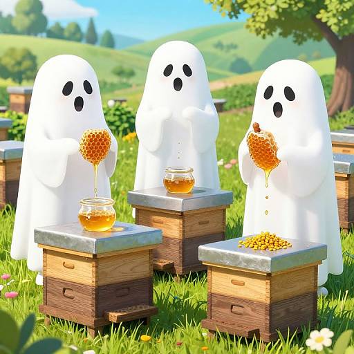 Three white ghost-like figures with black eyes, holding honey dipper and jars, stand at wooden beehives in a sunny, green, countryside field