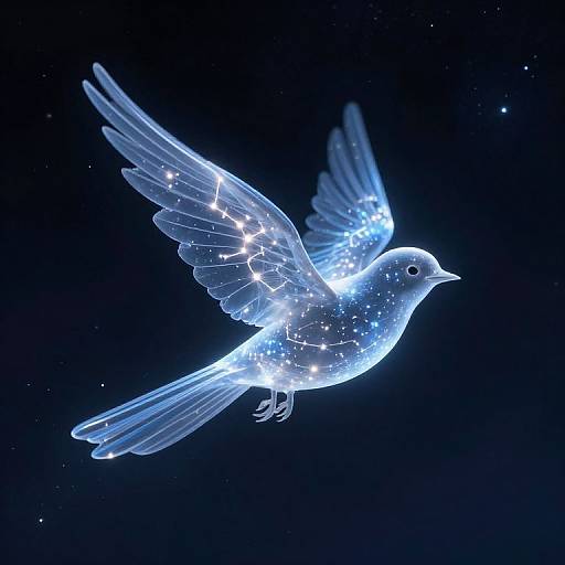Digital artwork of a glowing blue bird with star-like patterns, flying against a dark blue, star-speckled background.