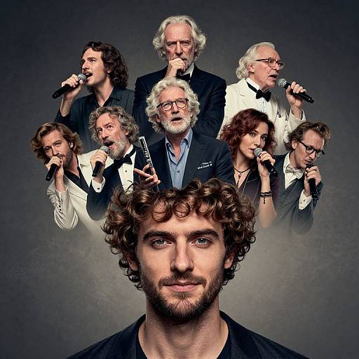 Photograph of a bearded, curly-haired man in foreground, with eight older musicians in background, all singing into microphones. Dark, textured background