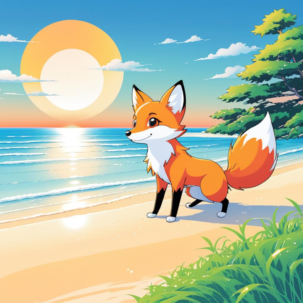 Whimsical Fox at Dawn Beach Scene