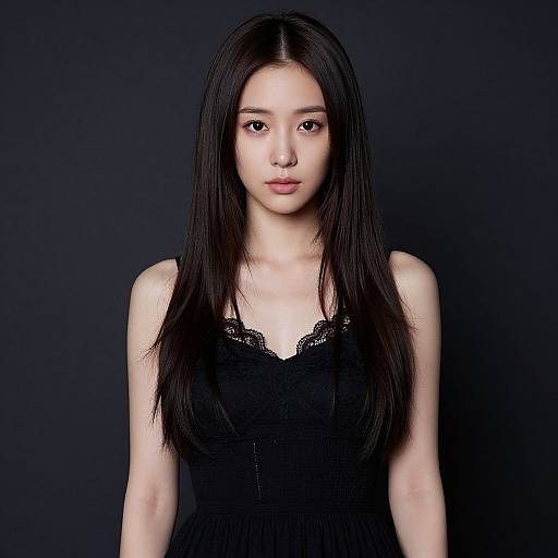 Photograph of an East Asian woman with long black hair, wearing a black lace-trimmed dress, against a dark blue background.