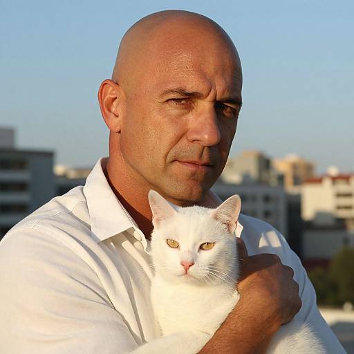 Man with White Cat in Cityscape