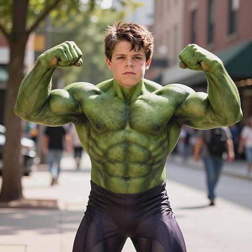 Photorealistic Young Boy in Hulk Costume