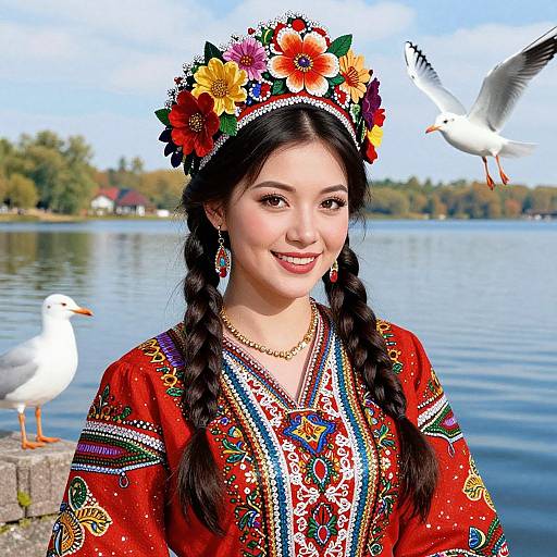Photograph of a smiling young Asian woman with braided hair, wearing a colorful floral crown, traditional embroidered red dress, and earrings, standing by a