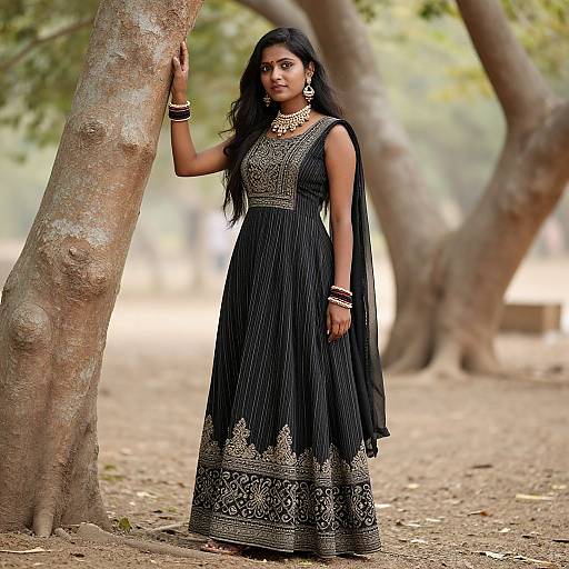 Photograph of a beautiful Indian woman with long black hair, wearing an elegant black saree with gold embroidery, standing against a tree in a park.