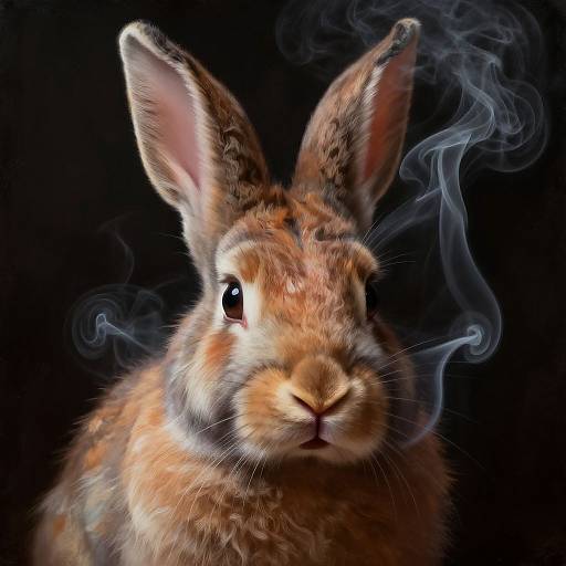 Photorealistic digital artwork of a brown rabbit with large ears, smoking wisps of blue-gray smoke against a black background.