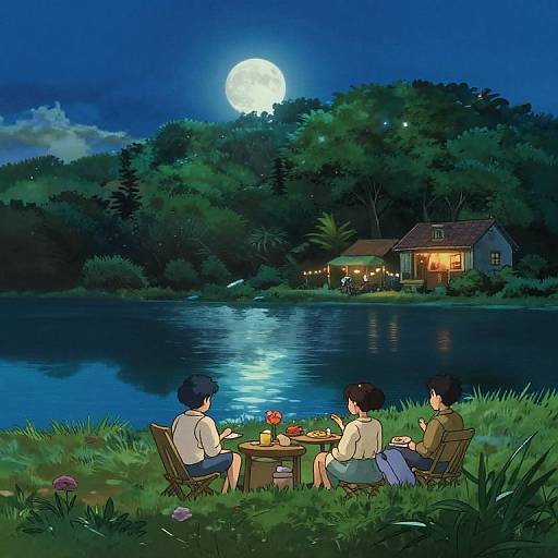 Anime-style digital illustration of three people dining by a moonlit lake, with a cozy house illuminated by string lights in the background.