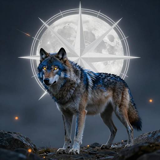 Majestic Blue Wolf with Glowing Eyes and Full Moon Compass