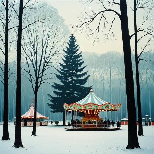 Winter Fairground Carousel in Snowy Forest