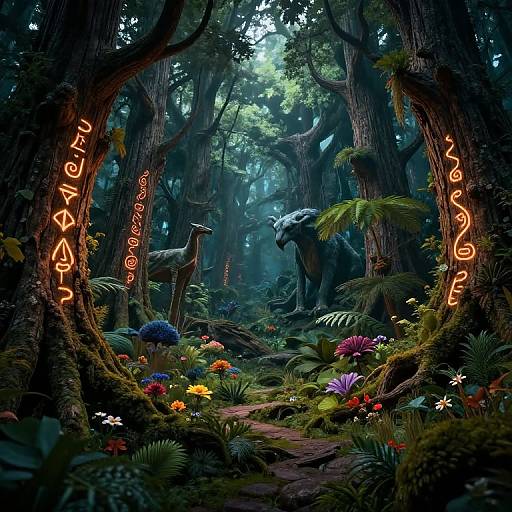 Fantasy forest scene with glowing runes on trees, a wolf statue, colorful flowers, and lush foliage in a mystical, moonlit setting. Digital art