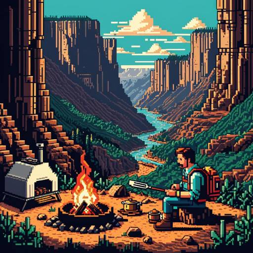 Pixel Art Explorer Cooking at Canyon Campfire