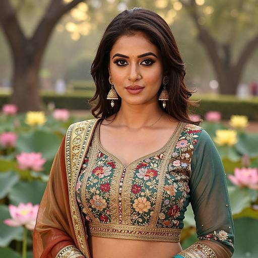 Photograph of a beautiful Indian woman with dark hair, wearing an ornate floral embroidered choli and green saree, standing in a blooming lot
