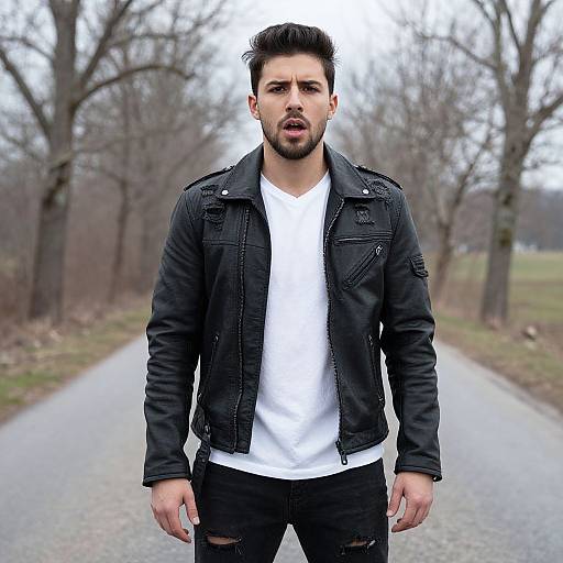 Photograph of a bearded man with dark hair, wearing a black leather jacket, white t-shirt, and ripped black jeans, standing on a deserted