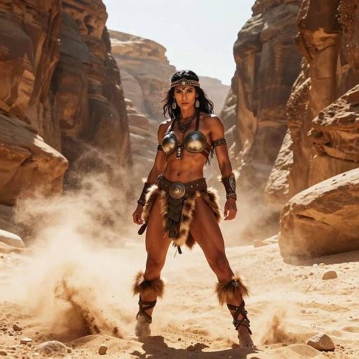 Photorealistic digital art of a muscular, dark-skinned warrior woman with black hair, wearing a metallic bra, fur loincloth, and head