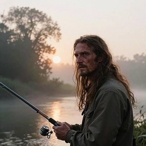 Photograph of a rugged, long-haired man with dirt-smudged face, wearing a green jacket, fishing by a misty river at sunset.
